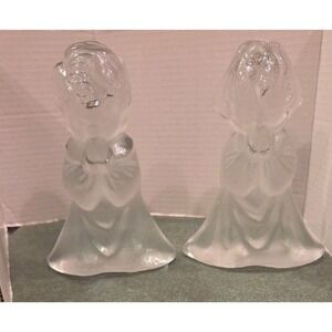 Set of 2 Vintage Viking Frosted Glass Bookends Boy & Girl Praying Figures Clear